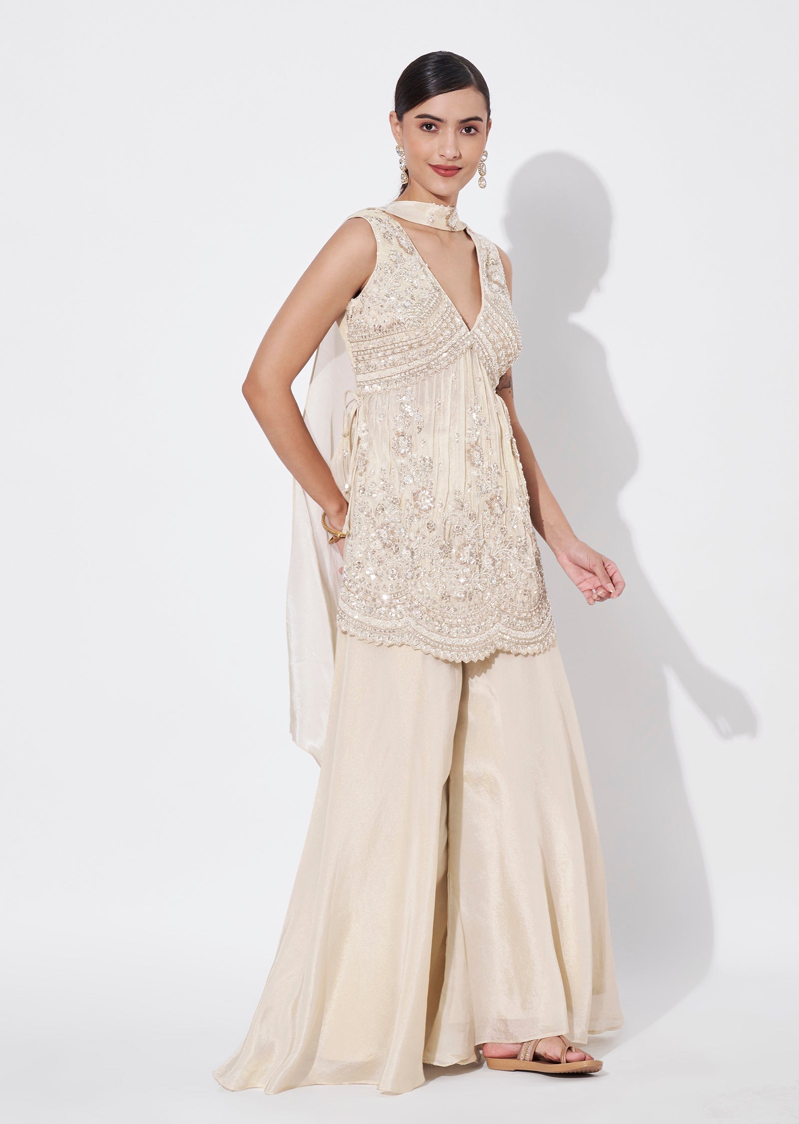 Cream Tissue Sharara Set
