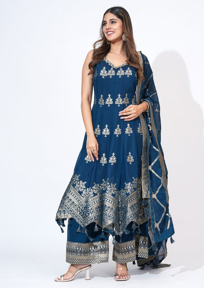 Blue Chinnon Anarkali Set