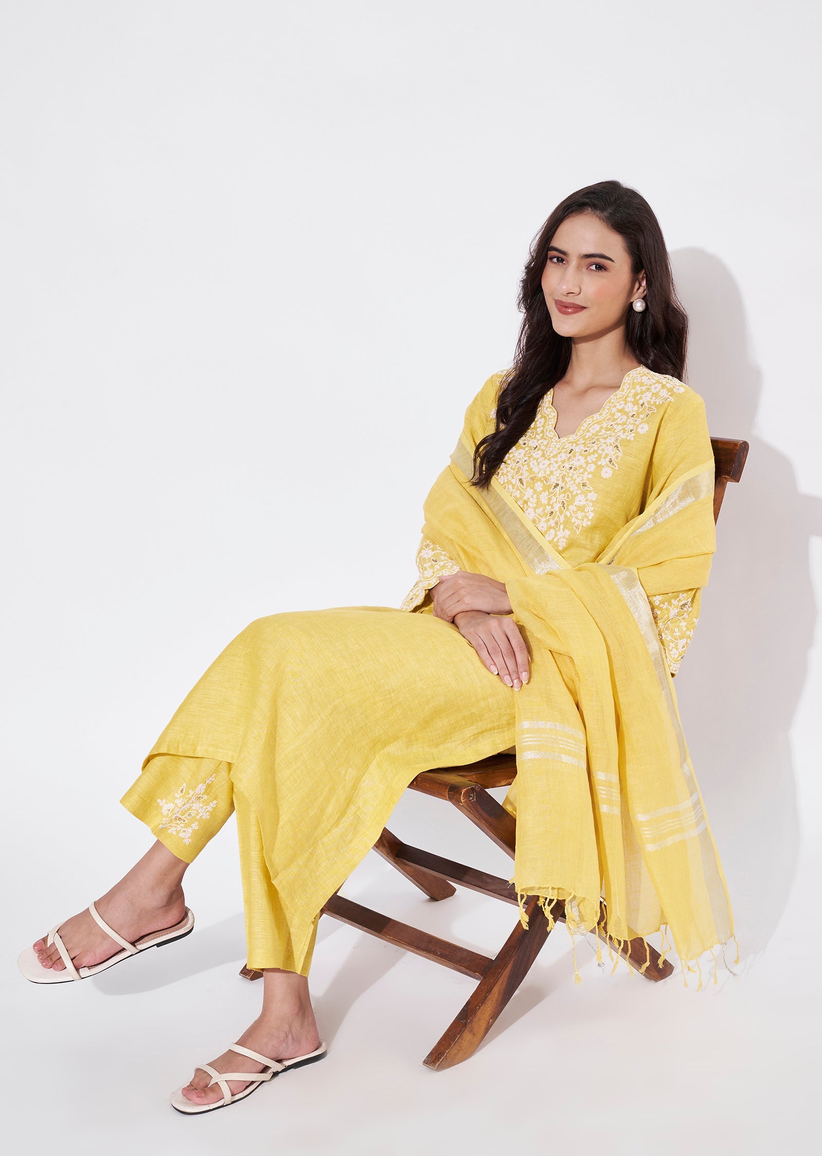 Light Yellow Linen Straight Cut Suit