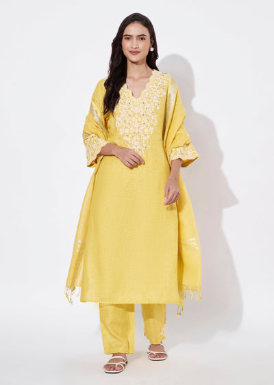 Light Yellow Cotton Straight Cut Suit