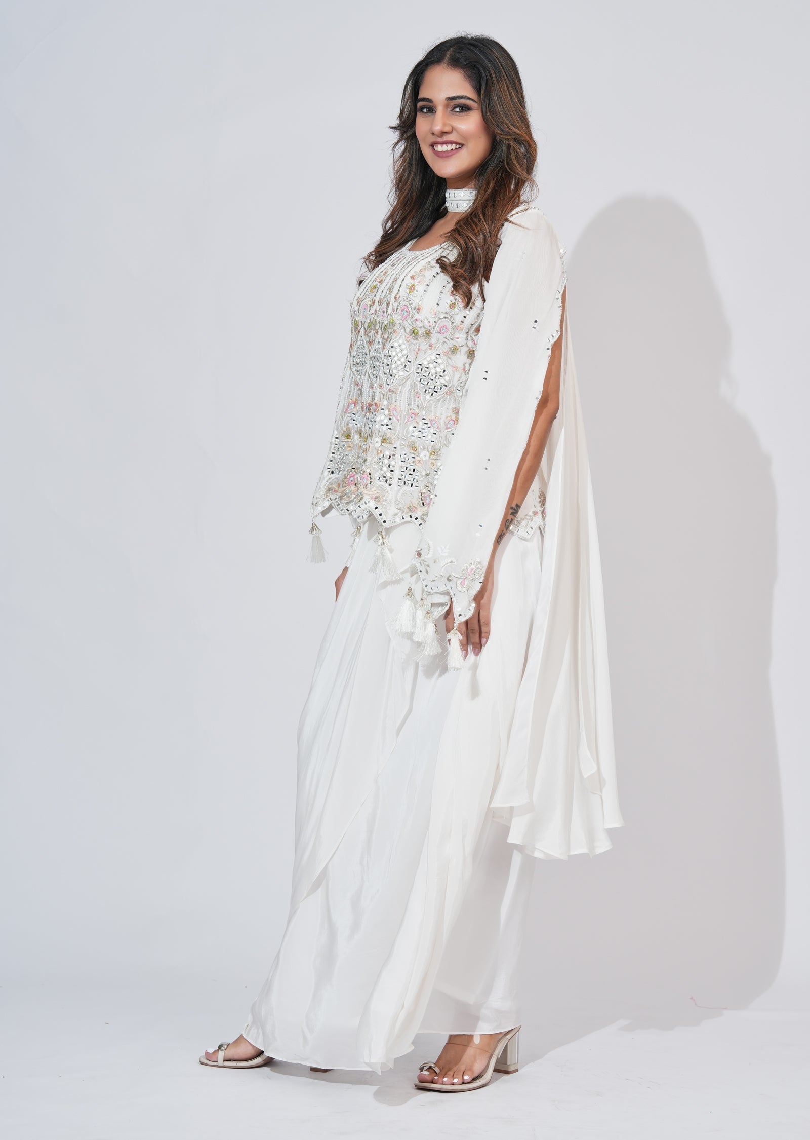 White Silk Indowestern Set
