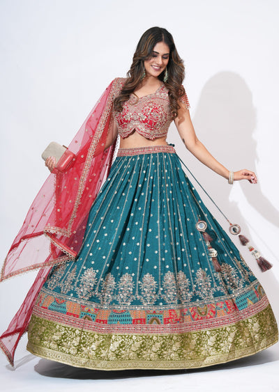 Teal Blue Silk Lehenga Set