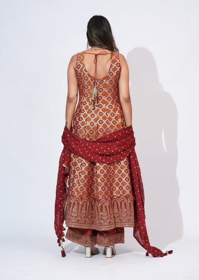 Rust Tissue Anarkali Set