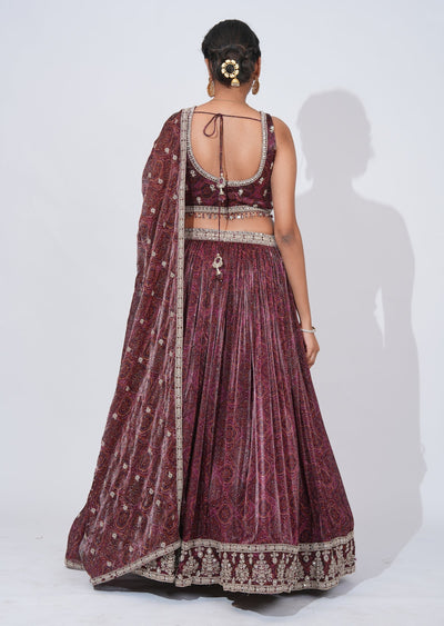 Wine Chinnon Lehenga Set