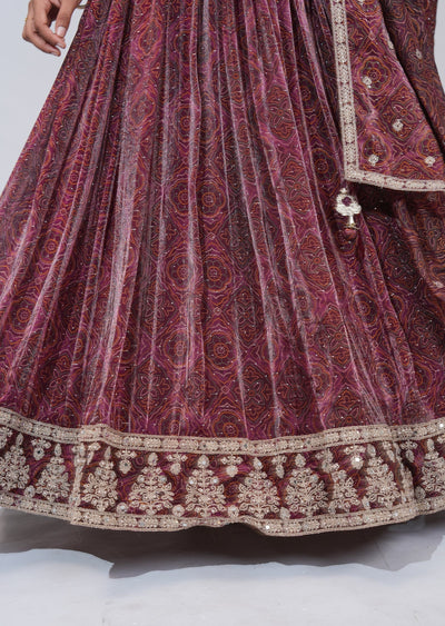 Wine Chinnon Lehenga Set