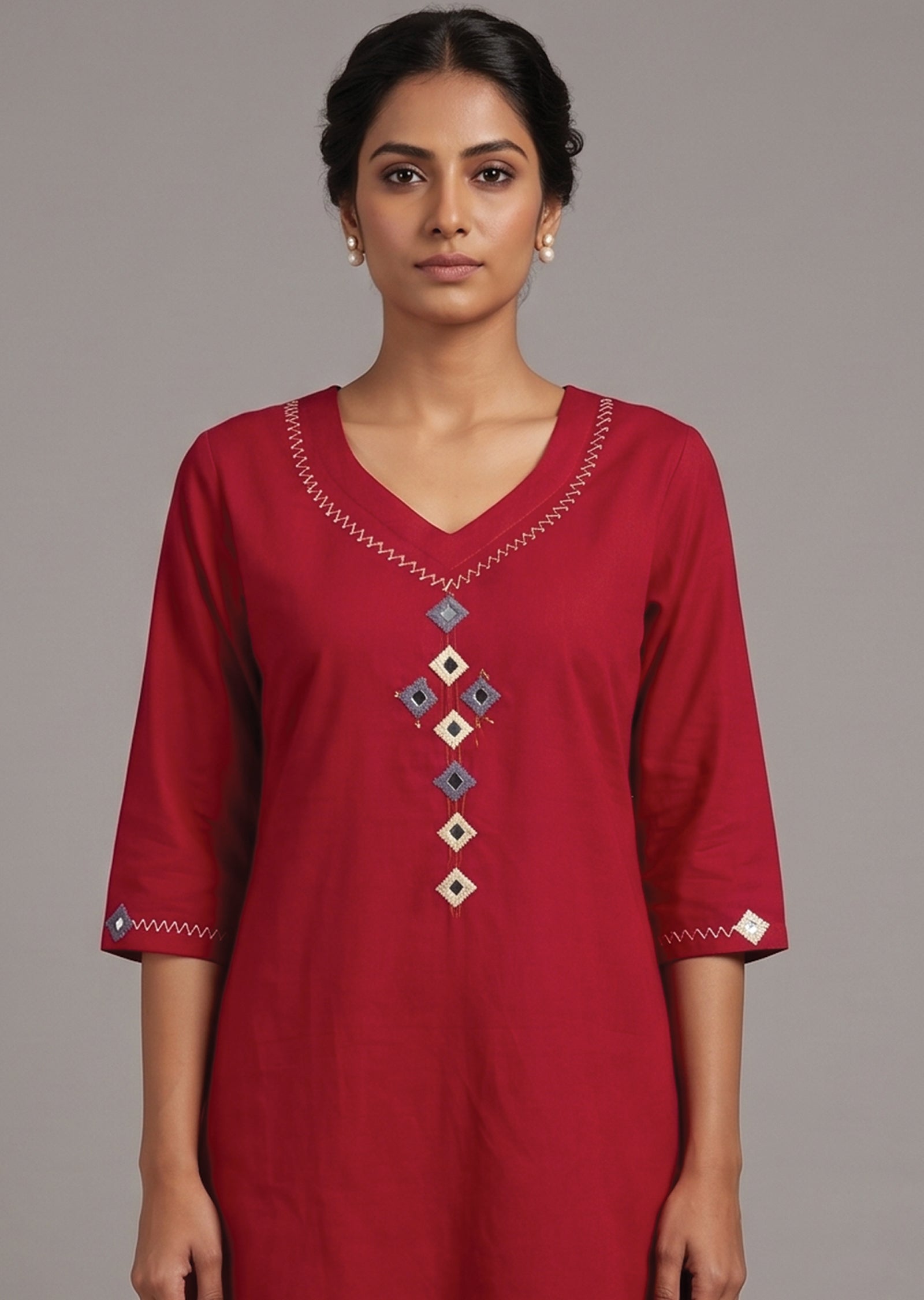 Red Cotton Kurti Set