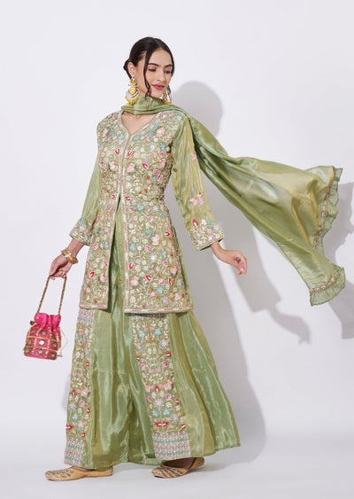 Green Tissue Sharara Set