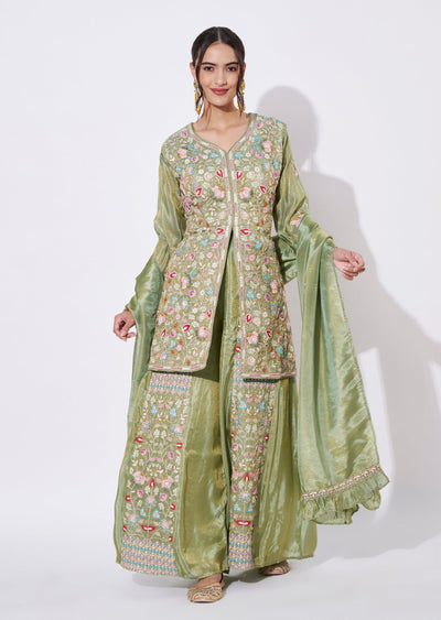 Green Tissue Sharara Set