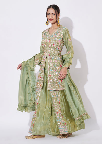 Green Tissue Sharara Set