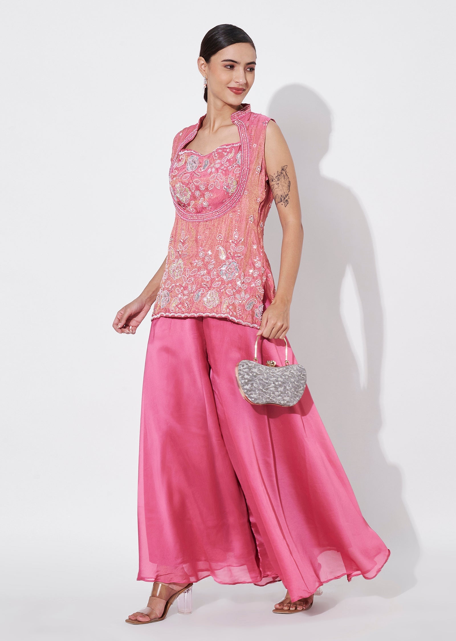 Pink Tissue Sharara Set