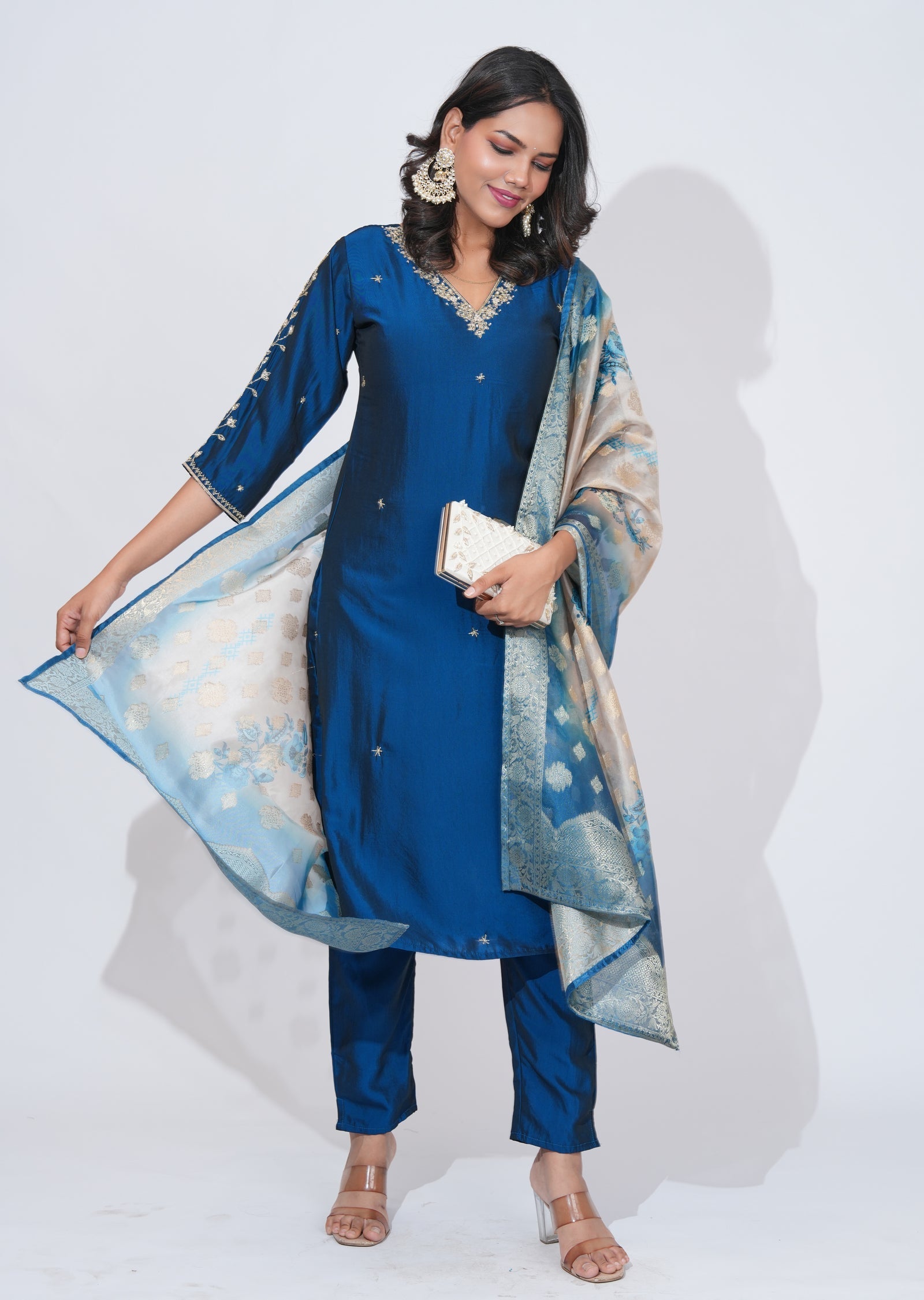 Teal Blue Silk Straight cut Suit