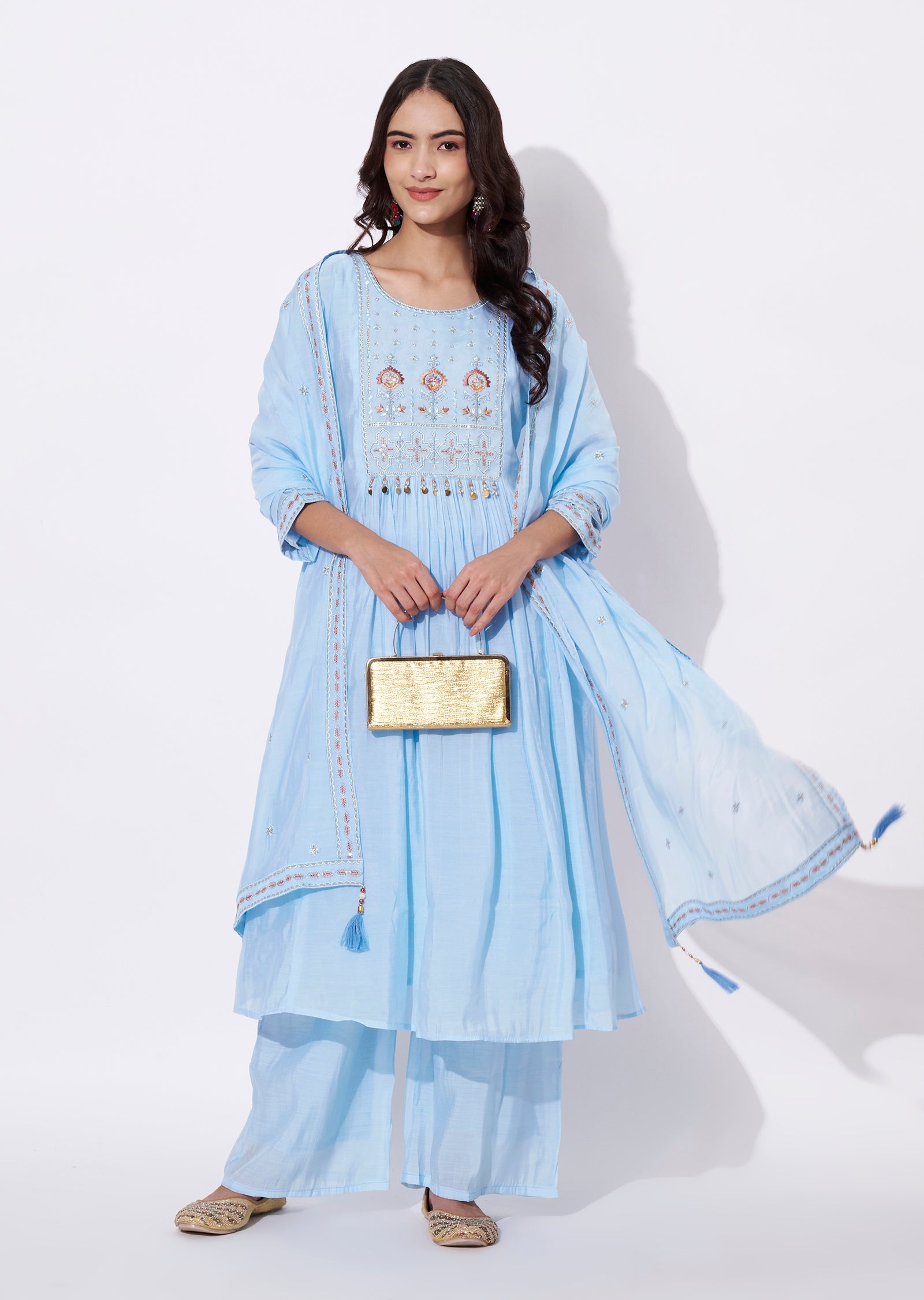 Sky blue Mul Chanderi Anarkali Suit