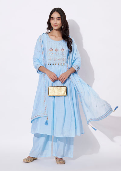 Sky blue Mul Chanderi Anarkali Suit