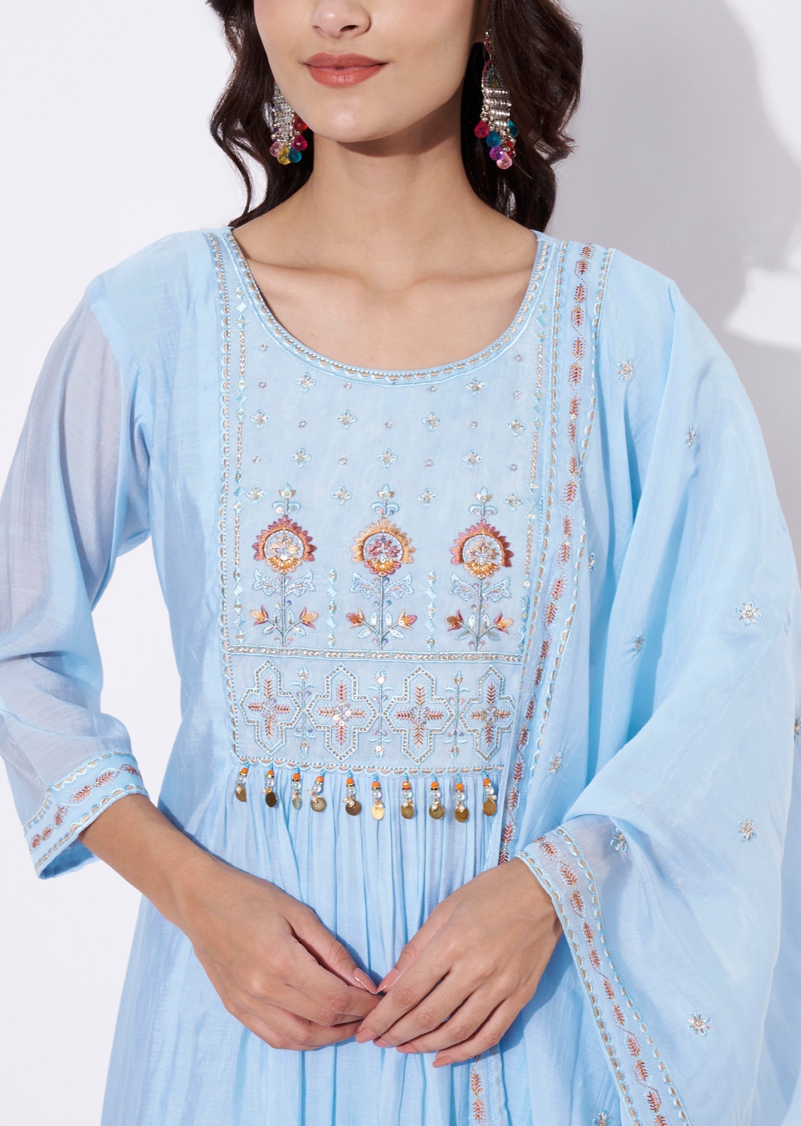 Sky blue Mul Chanderi Anarkali Suit