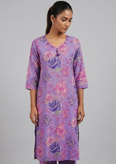 Light Purple Printed Cotton Kurti Set
