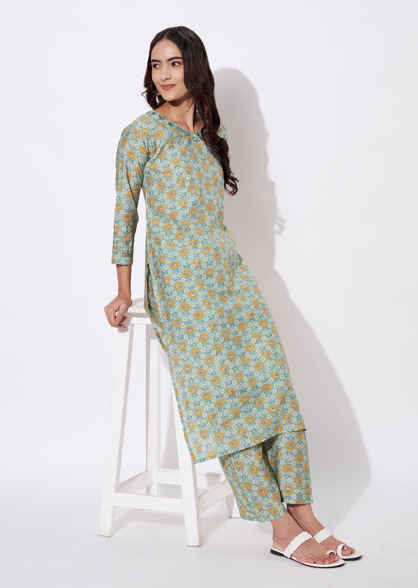 Dusty Green Linen Silk Kurti Set