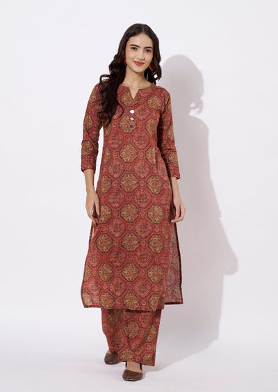 Brwon & Magenta Linen Silk Kurti Set
