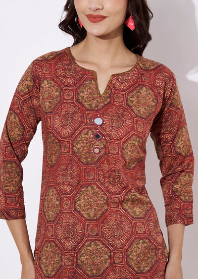 Brwon & Magenta Linen Silk Kurti Set