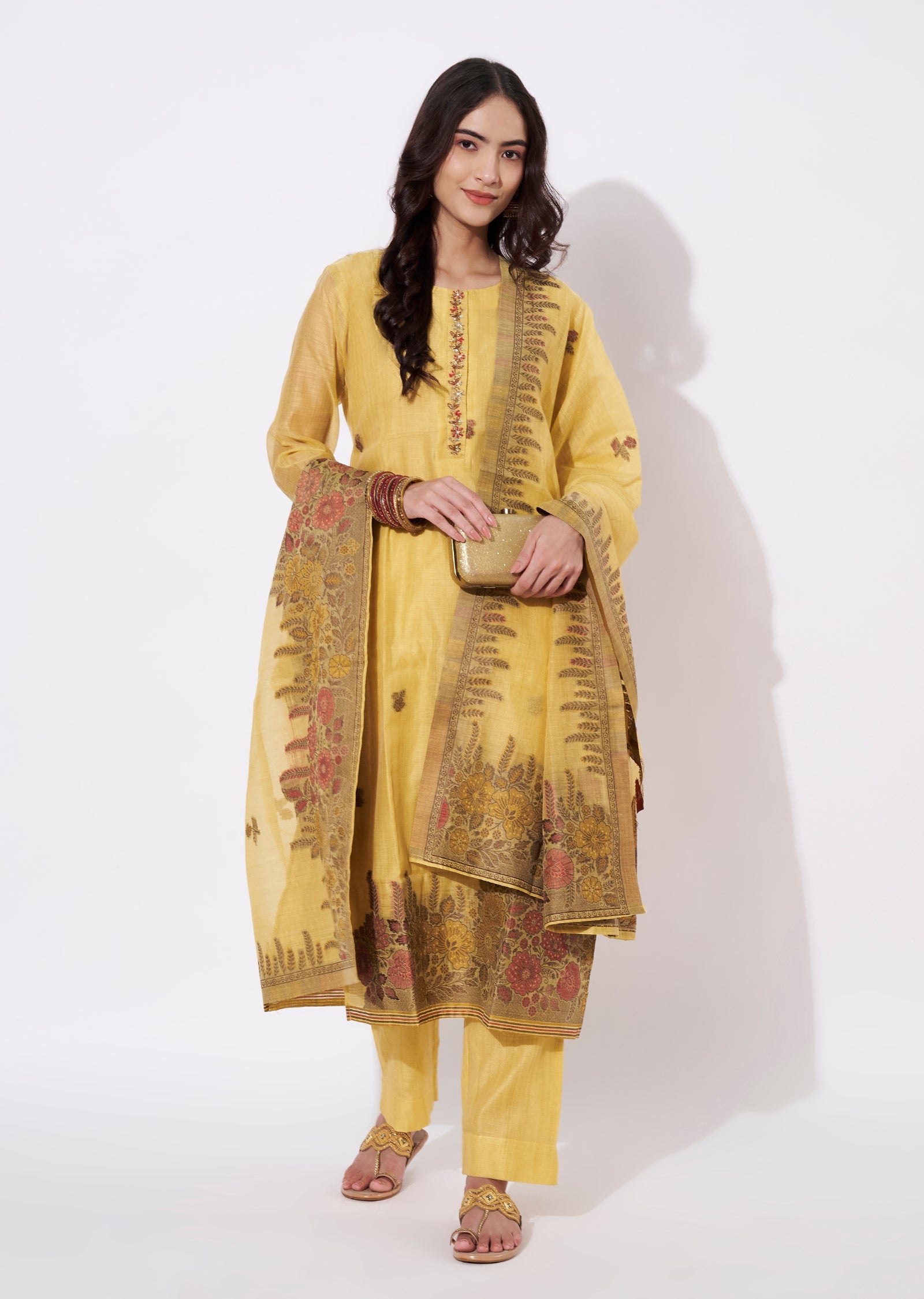 Mustard Chanderi Straight cut suit