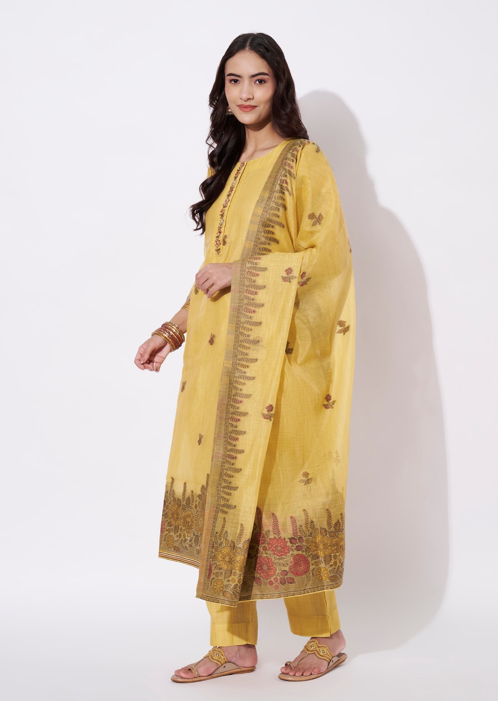 Mustard Chanderi Straight cut suit