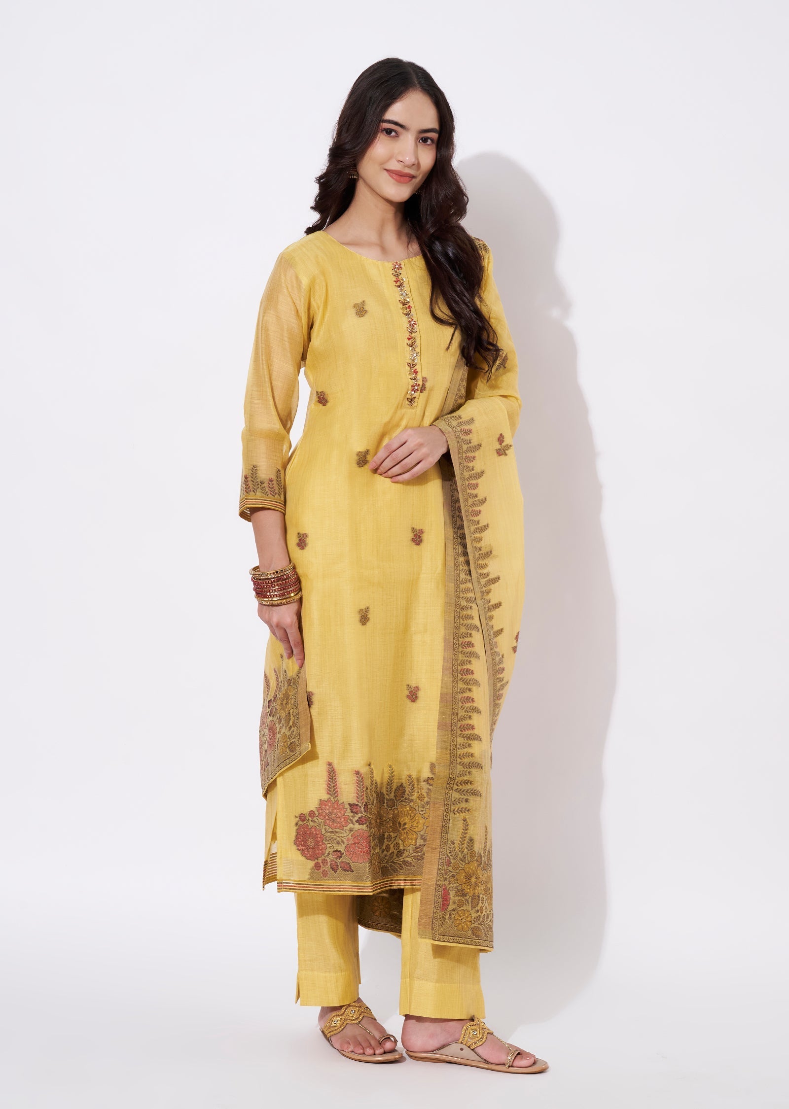 Mustard Chanderi Straight cut suit