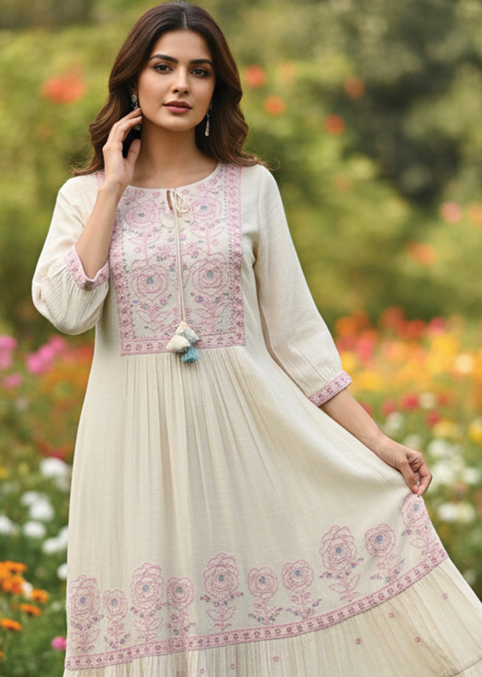 Cream Linen Georgette Frock Kurti