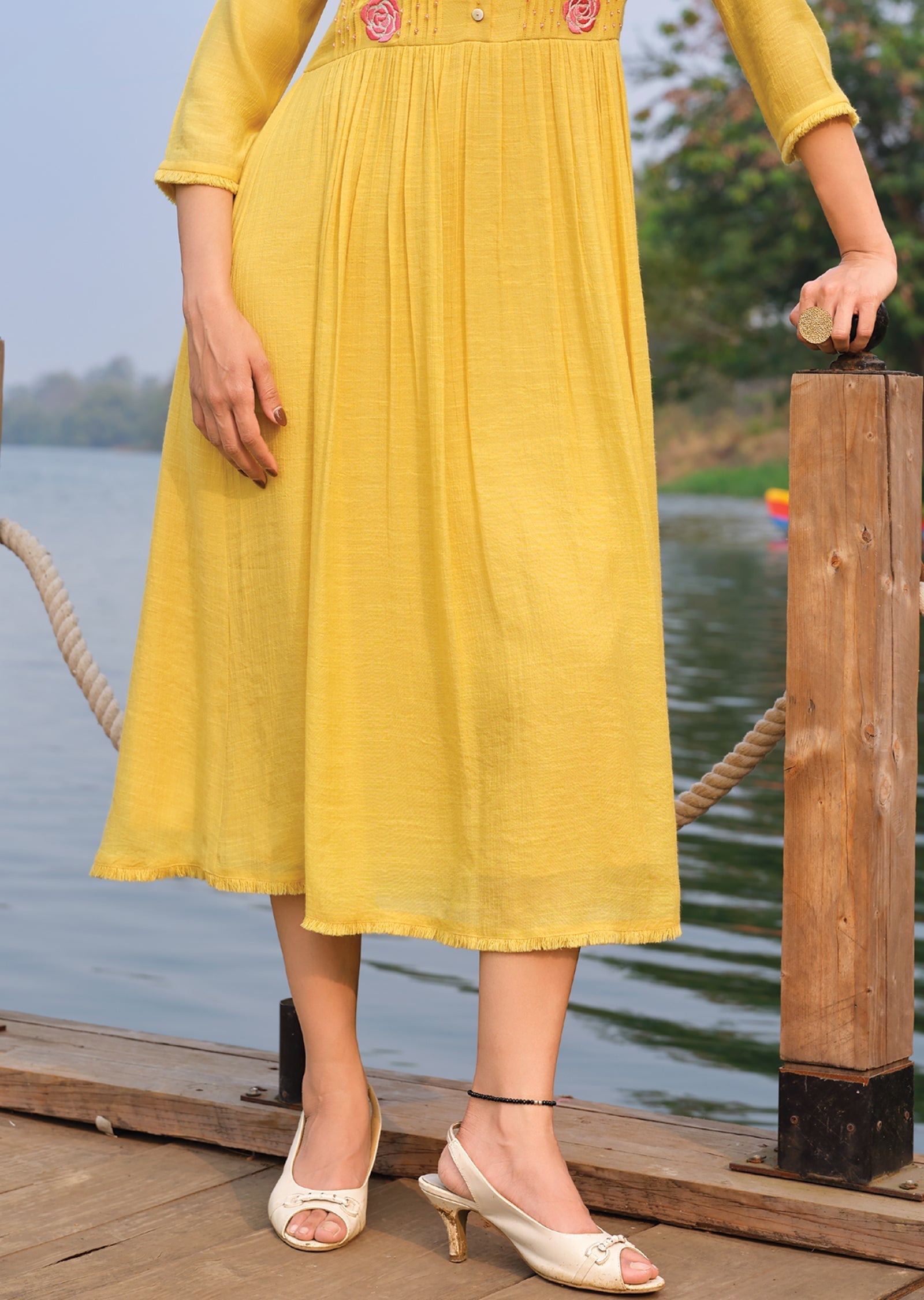 Yellow Linen Georgette Frock Kurti