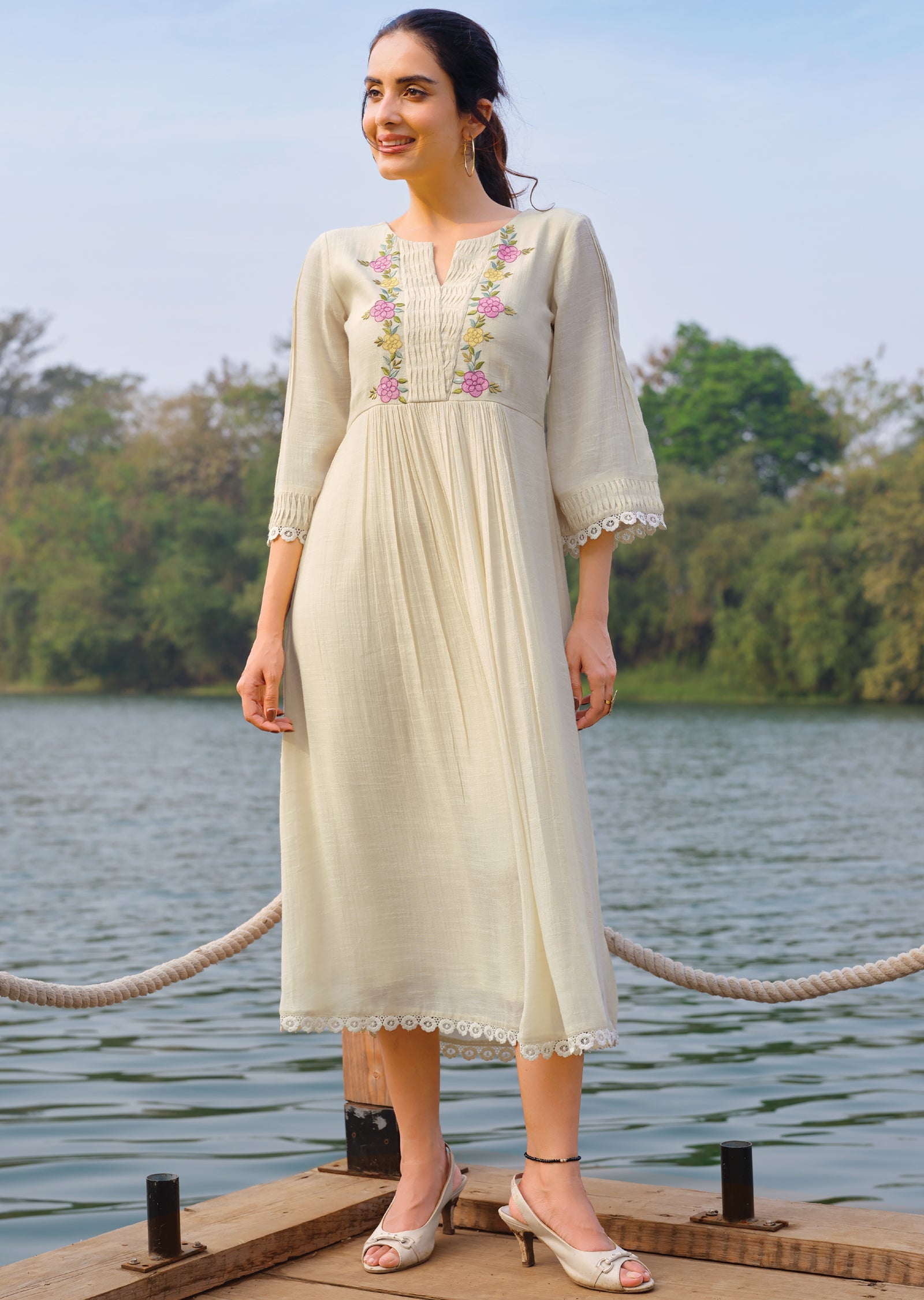 Biege Linen Georgette Frock Kurti