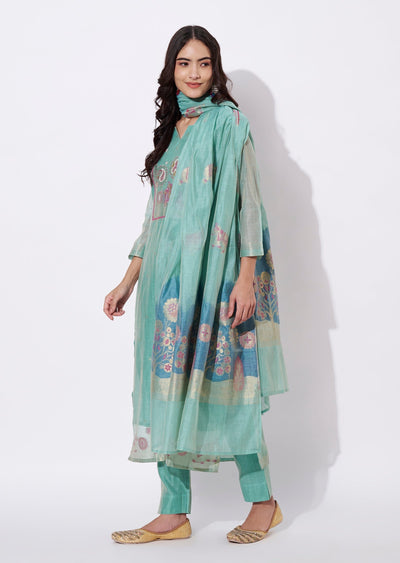 Dusty Green Chanderi Straight cut suit