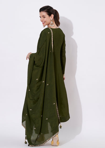 Olive green Chinnon Anarkali Suit