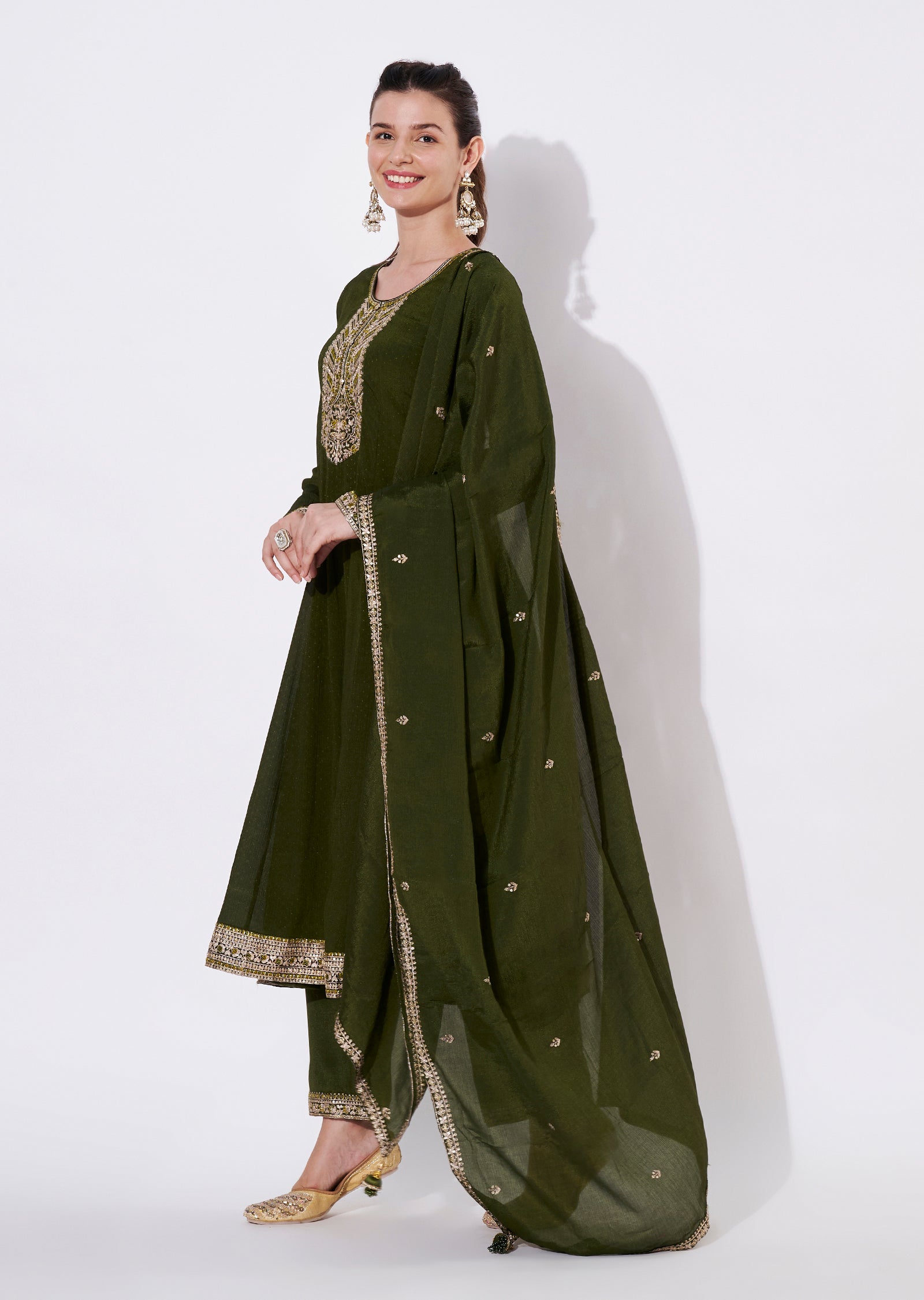 Olive green Chinnon Anarkali Suit