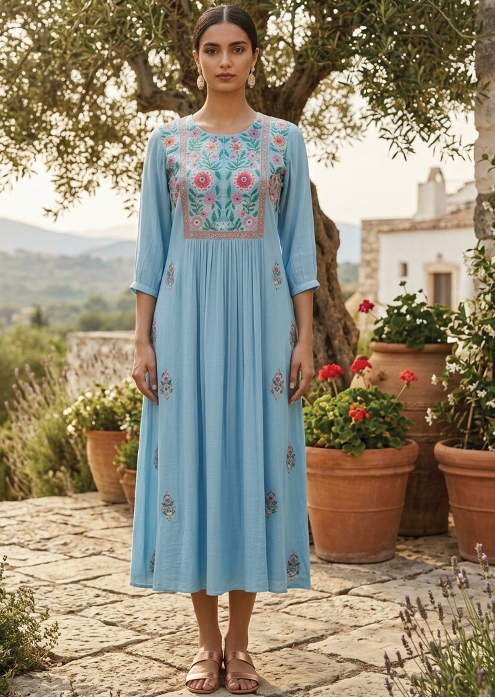 Blue Linen Georgette Frock Kurti
