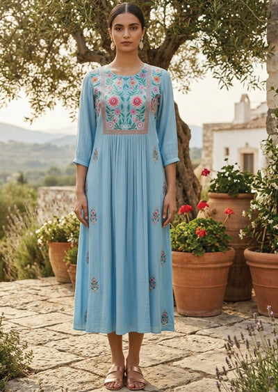 Blue Linen Georgette Frock Kurti