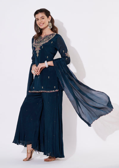 Teal Blue Chinnon Sharara Set