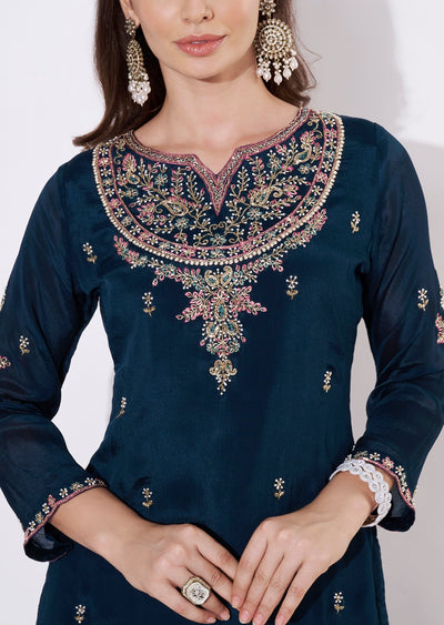 Teal Blue Chinnon Sharara Set