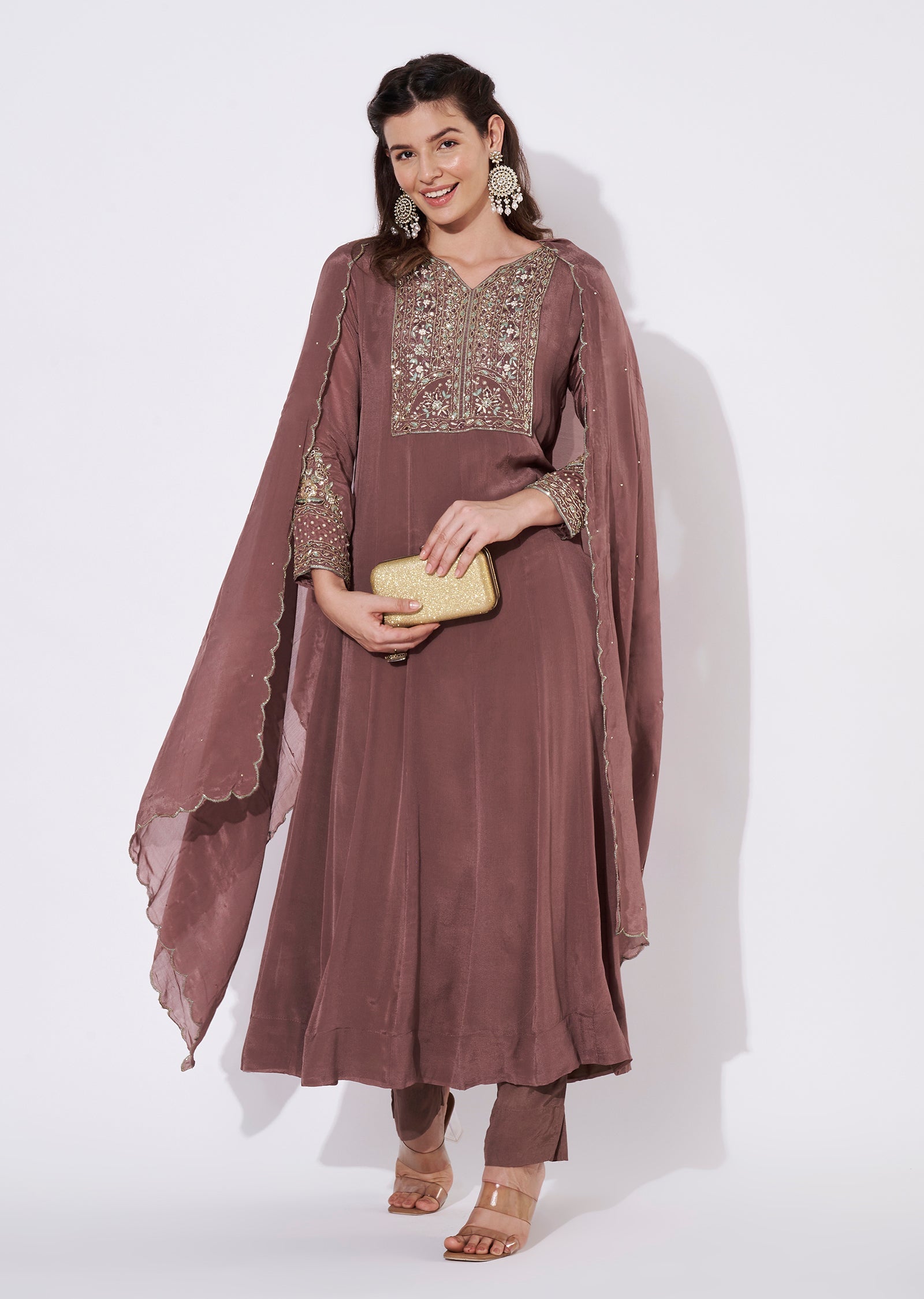 Brown Chinnon Anarkali Suit