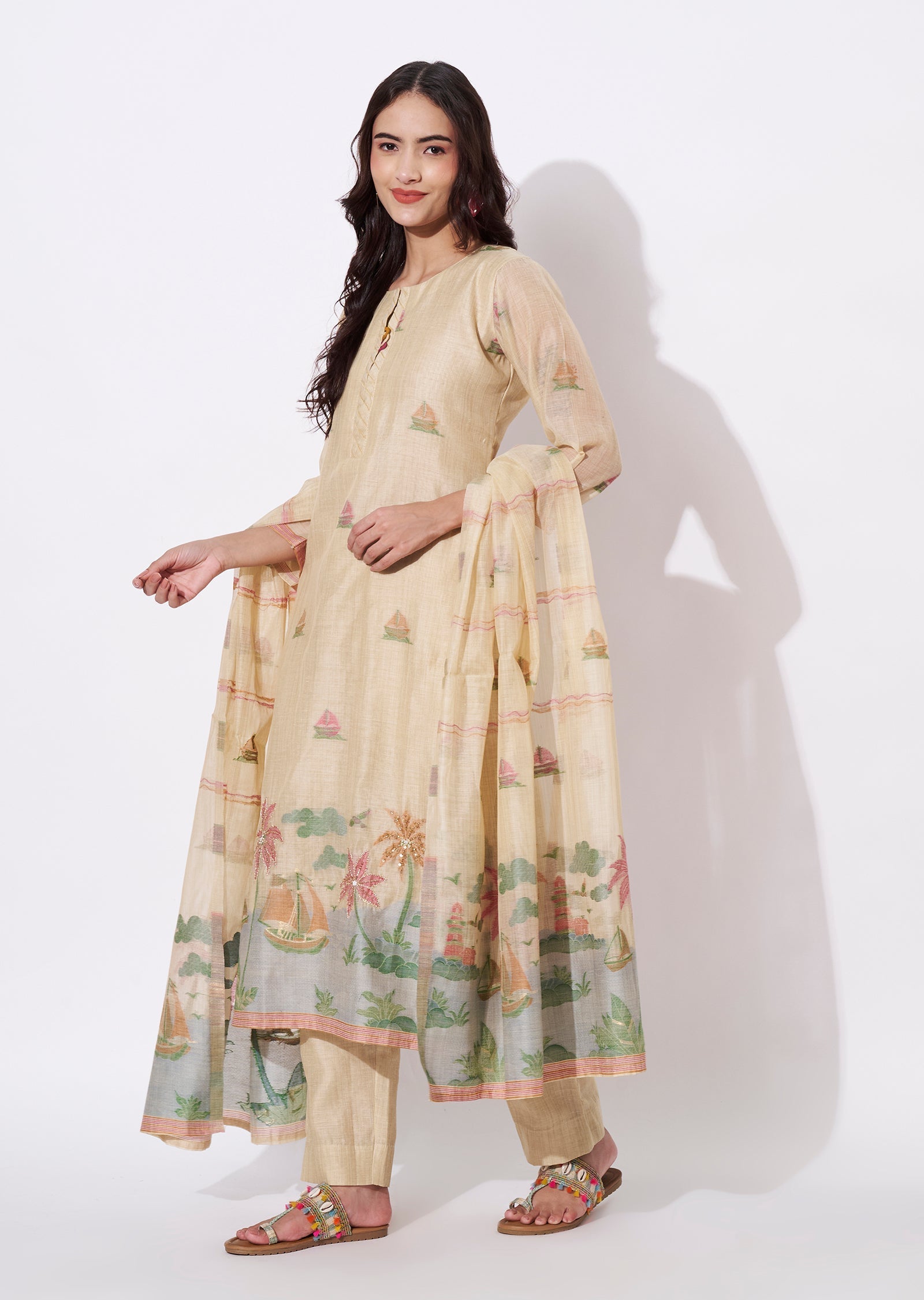 Dart Beige Chanderi Straight cut suit