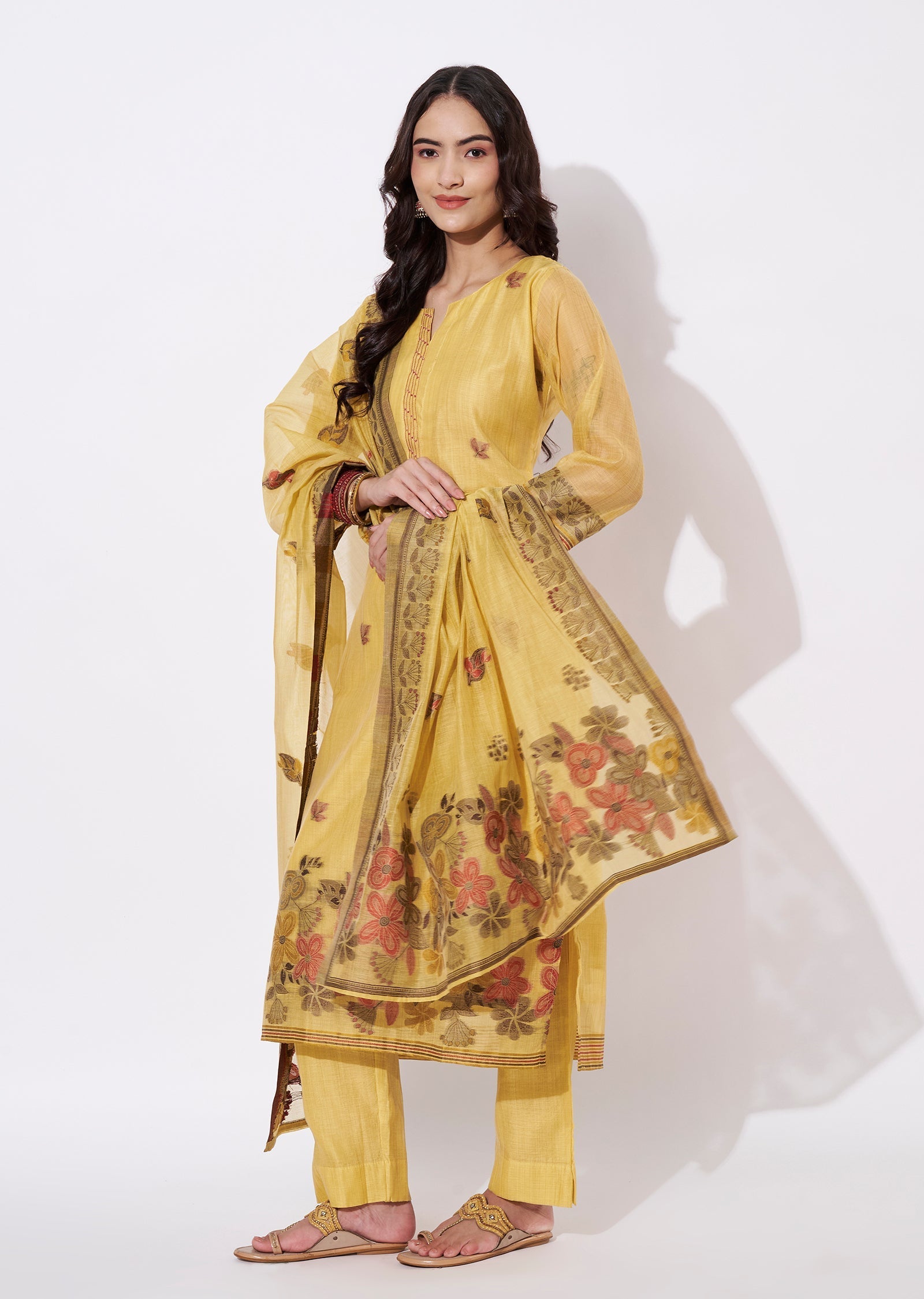 Yellow Chanderi Straight cut suit