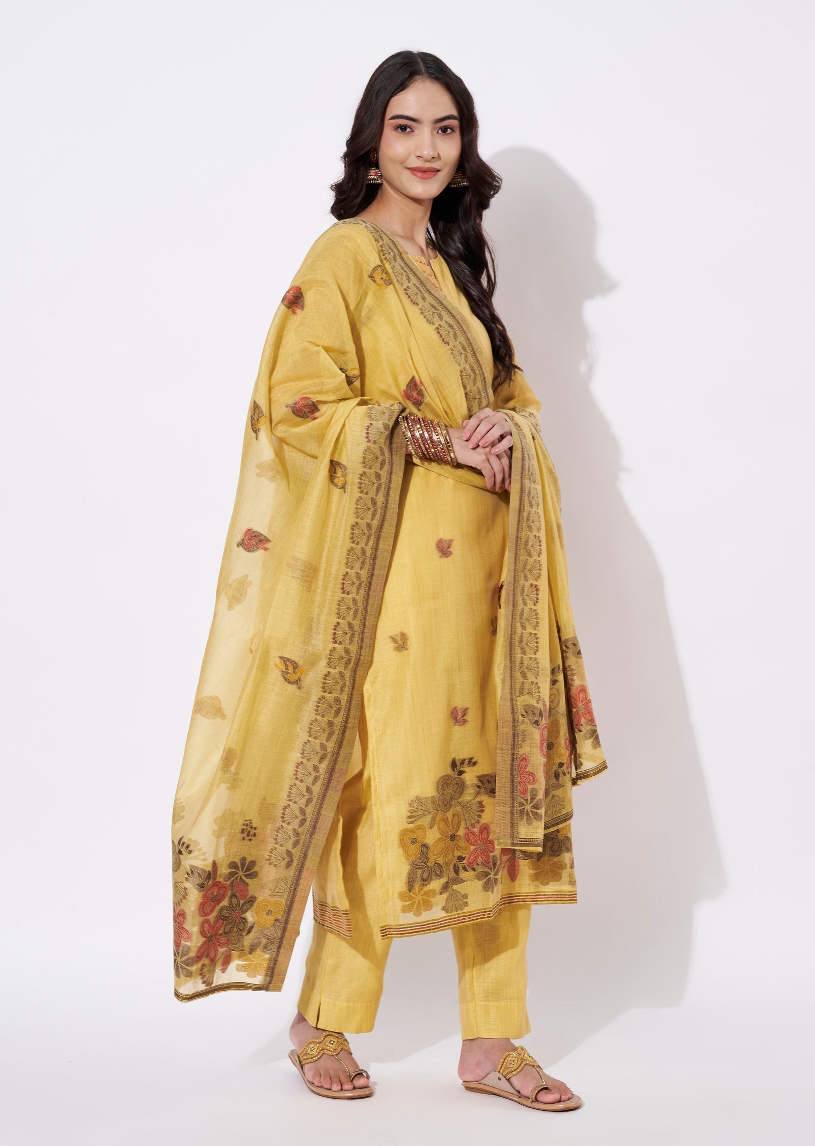 Yellow Chanderi Straight cut suit