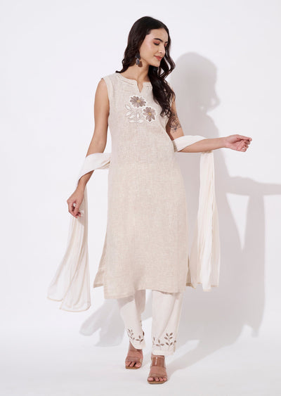 Beige Cotton Straight cut suit