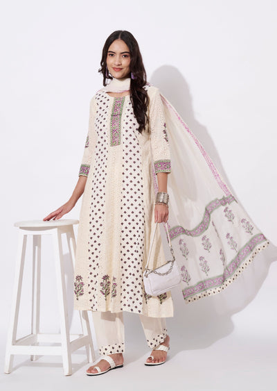 Cream Cotton Anarkali Suit
