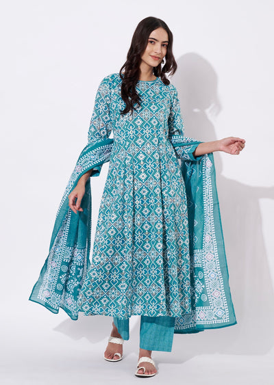 Dusty Blue Cotton Anarkali Suit