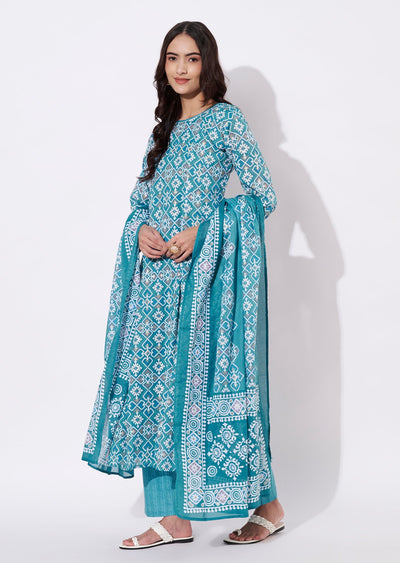 Dusty Blue Cotton Anarkali Suit