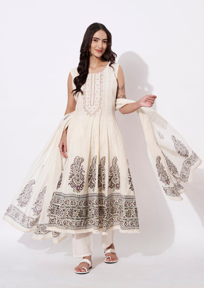 Off White Cotton Anarkali Suit