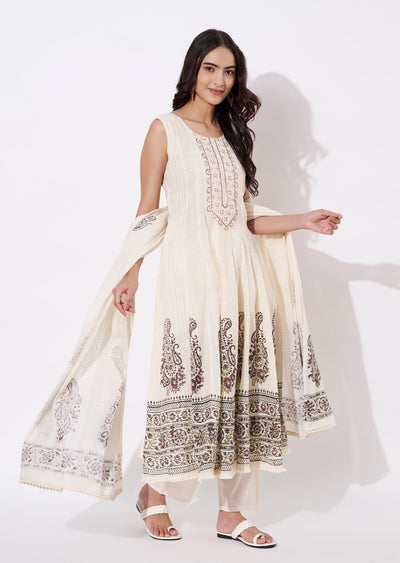 Off White Cotton Anarkali Suit