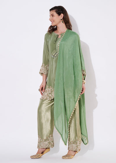 Dusty Green Silk Straight cut Suit