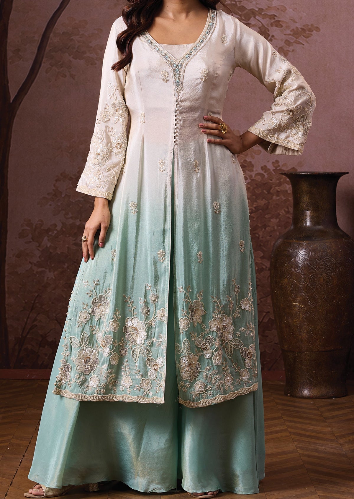 Cream Tissue Indowestern Set