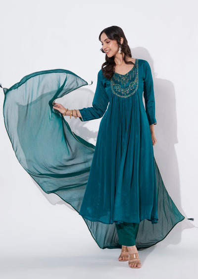 Green Chinnon Anarkali suit
