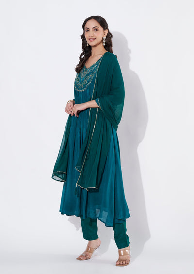 Green Chinnon Anarkali suit
