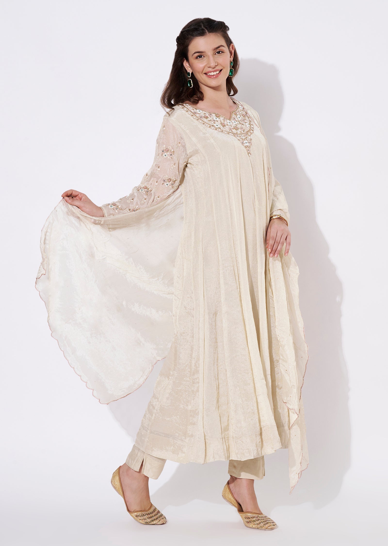 Two toned Cream Tissue Anarkali Suit